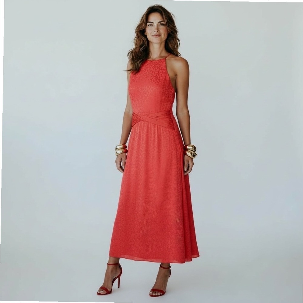 DKNY Sleeveless Halter Drape Waist Midi Dress Monochrome Tangerine Floral Size 4
